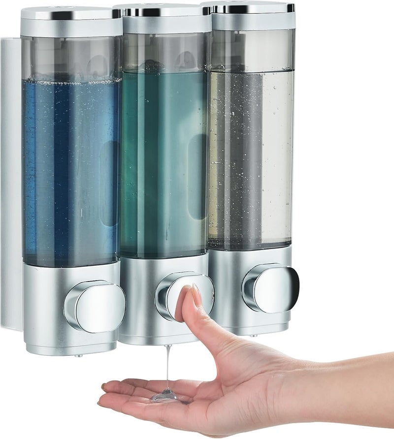 pollock Shampoo and Conditioner Dispenser, Shower Soap Dispenser 3 Chamber No Drill, Wall Mounted Shampoo Body Wash Conditioner for Bathroom Large Capacity Silver - Image 1
